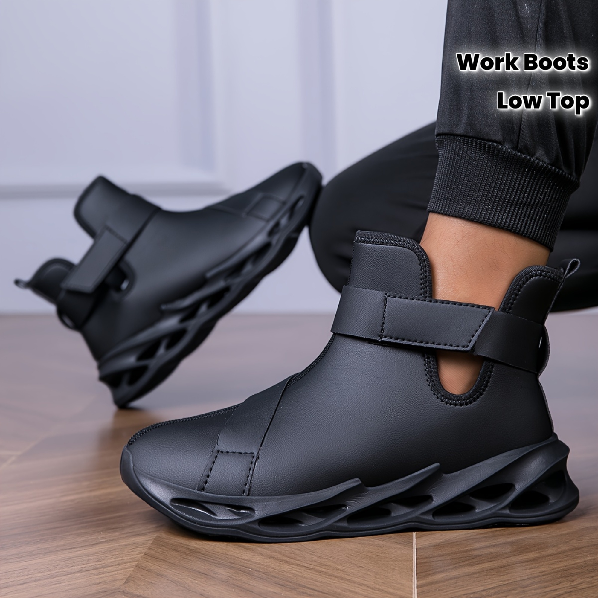 Men's -like PU Boot - Glossy Glossy/ Matte Black & Red/ - Lace-Up & Hook-and-Loop Closure - Chunky EVA Cushioned Base - Low-Top Height - British Work Boots for Men - Gothic Arch - PU Material - Multi-Color Options (Black, Red/ Brown, Grey, White) - Casual