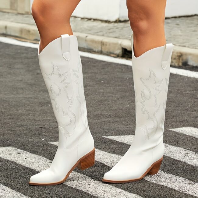 Knee High Western Cowboy Embroidery Cowgirl Long Boots with Chunky Heel and Pointed Toe for Country Concert and Disco Vintage Retro Woman Shoes