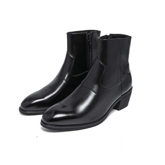 Men's Height-Increasing British Style Boots - Glossy Black Slip-Resistant Round Toe, Mid-Calf to Ankle Height Adjustable, All-Season Comfort for Weddings, Parties, Business & Casual - Versatile Dress Boots for Men, Casual Dress Shoes for Men, Shoes for Su