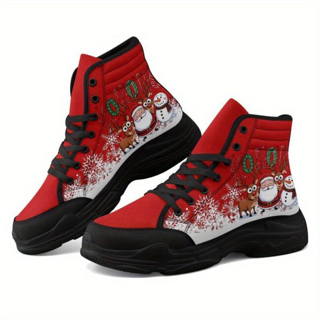 Men's/Women's/Unisex Christmas High-Top Sneakers - Lace-Up Winter Shoes with Red & Black Laces, Golden Buckle Accent - Festive Red/Black/White/Green/Golden Color Scheme - All-Season Casual & Party Footwear - EVA Cushioned Arch - Ideal for Holiday Events &