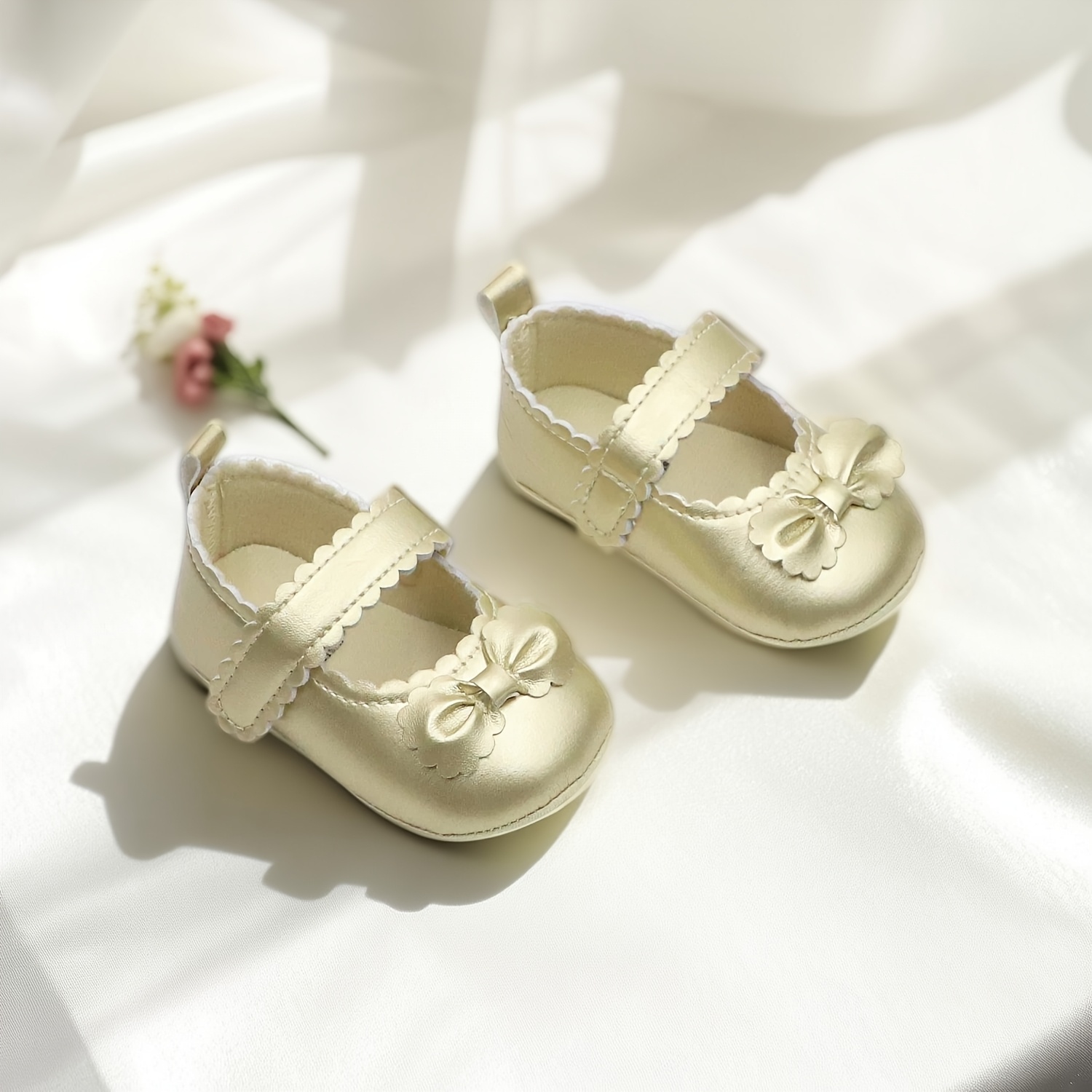 Baby Girl First Walkers Shoes - Champagne Mary Jane Infant Shoes with Bow Detail, Lightweight Non-Slip & Closure, All-Season Toddler Shoes for Holidays, Parties, Daily Wear, Baby Girl Shoes, Party Footwear, Chic Infant Footwear, Durable Grip Sole - Image 4