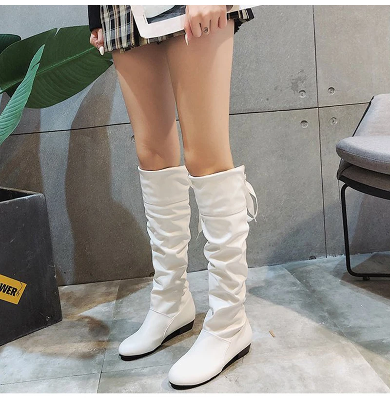 Shoes For Women 2022 Spring Knee High Boots Red Black White Tall Boots Woman Pleated Low Heel Casual Leather Female Long Shoes - Image 21