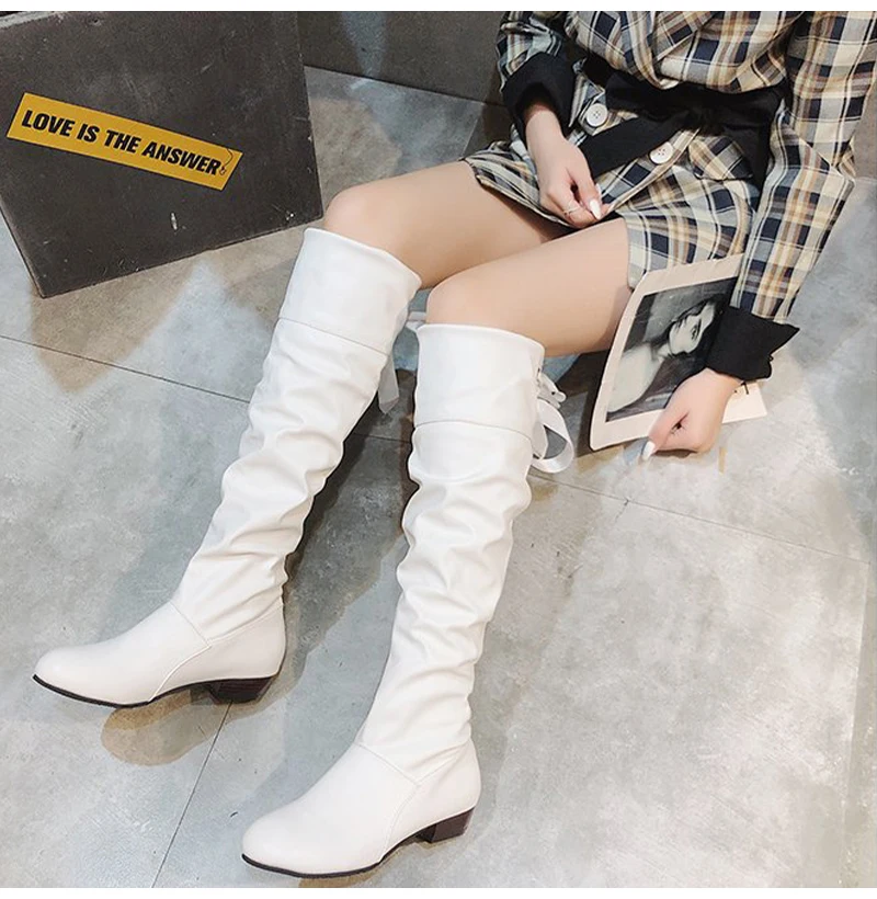 Shoes For Women 2022 Spring Knee High Boots Red Black White Tall Boots Woman Pleated Low Heel Casual Leather Female Long Shoes - Image 20