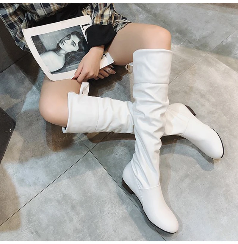 Shoes For Women 2022 Spring Knee High Boots Red Black White Tall Boots Woman Pleated Low Heel Casual Leather Female Long Shoes - Image 19