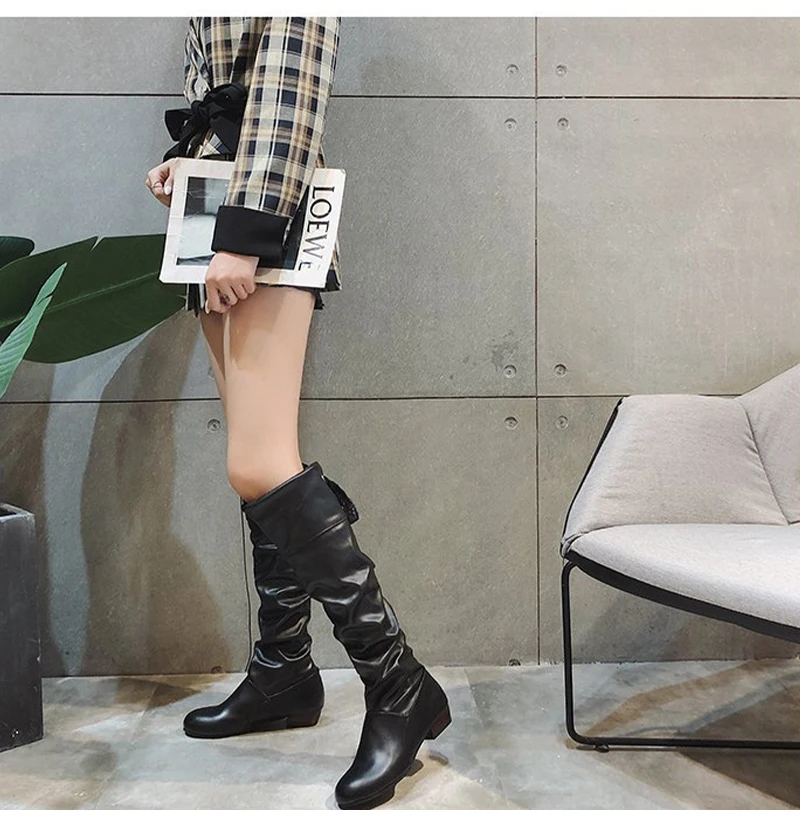 Shoes For Women 2022 Spring Knee High Boots Red Black White Tall Boots Woman Pleated Low Heel Casual Leather Female Long Shoes - Image 30