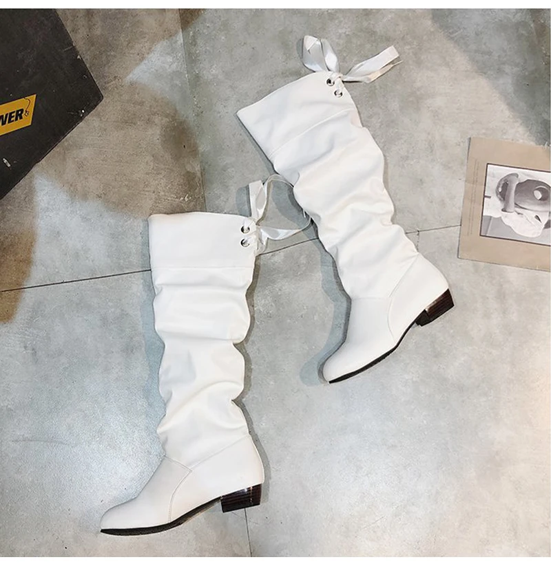 Shoes For Women 2022 Spring Knee High Boots Red Black White Tall Boots Woman Pleated Low Heel Casual Leather Female Long Shoes - Image 26