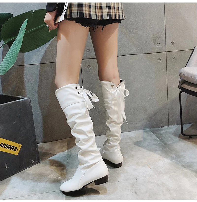 Shoes For Women 2022 Spring Knee High Boots Red Black White Tall Boots Woman Pleated Low Heel Casual Leather Female Long Shoes - Image 23