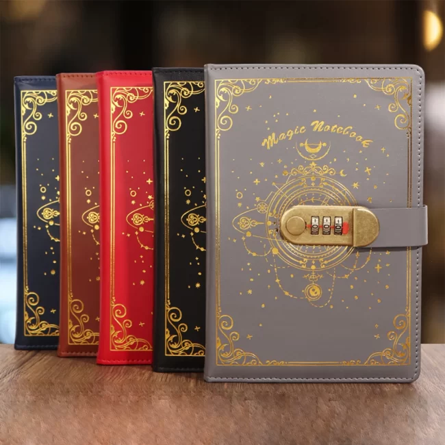 1 PU password lock notebook, 100 sheets/200 pages, two styles, gold/silver, study supplies, stationery supplies, office supplies