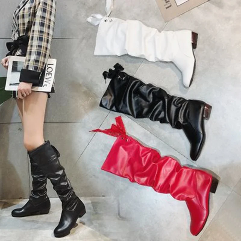 Shoes For Women 2022 Spring Knee High Boots Red Black White Tall Boots Woman Pleated Low Heel Casual Leather Female Long Shoes - Image 5