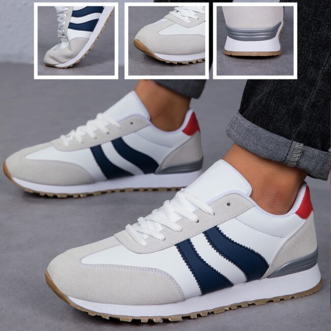 LEIJOP Men's Low-Top Sneakers - Lightweight -like Texture & Arch, Lace-Up Closure, White/Navy/Black/Beige/Grey Color Options, EVA/TPR Cushioned Sole, Minimalist White Laces & Black Toe Cap - Gym, Travel, Running Shoes for Men - Multi-Color Options, Versat