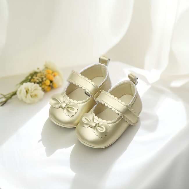 Baby Girl First Walkers Shoes - Champagne Mary Jane Infant Shoes with Bow Detail, Lightweight Non-Slip & Closure, All-Season Toddler Shoes for Holidays, Parties, Daily Wear, Baby Girl Shoes, Party Footwear, Chic Infant Footwear, Durable Grip Sole
