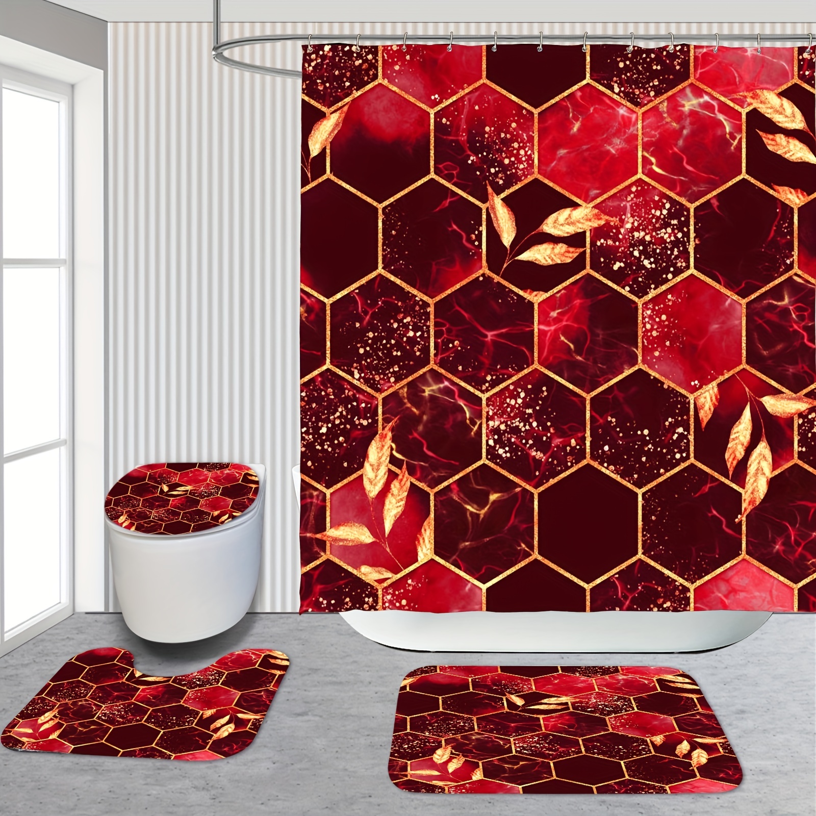 4Pcs Bathroom Shower Curtain Set, Peak Blue Honeycomb Marble Bathroom Sets With Rugs (Bath Mat, U Shape And Toilet Lid Cover Mat) And 12 Hooks - Image 12