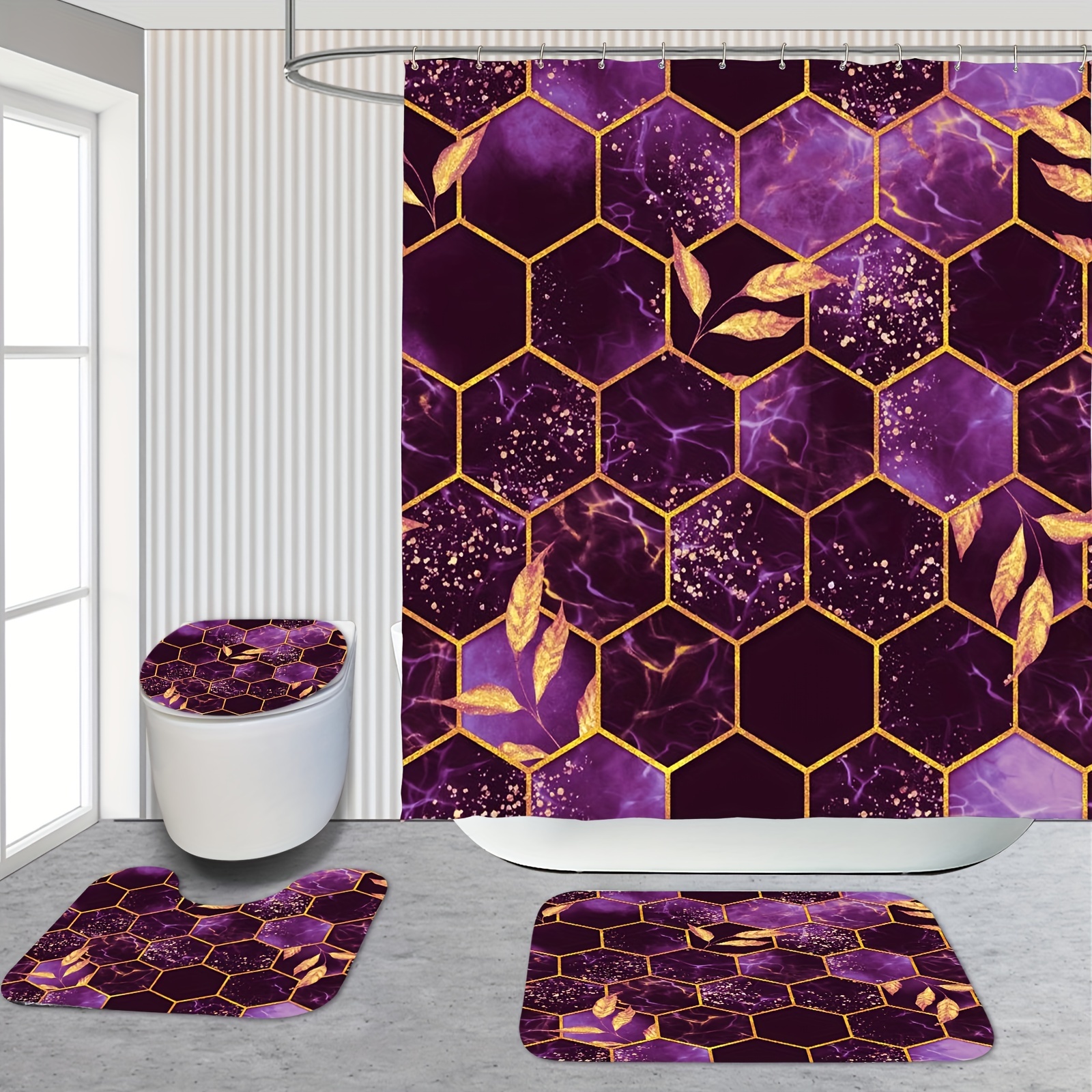 4Pcs Bathroom Shower Curtain Set, Peak Blue Honeycomb Marble Bathroom Sets With Rugs (Bath Mat, U Shape And Toilet Lid Cover Mat) And 12 Hooks - Image 8