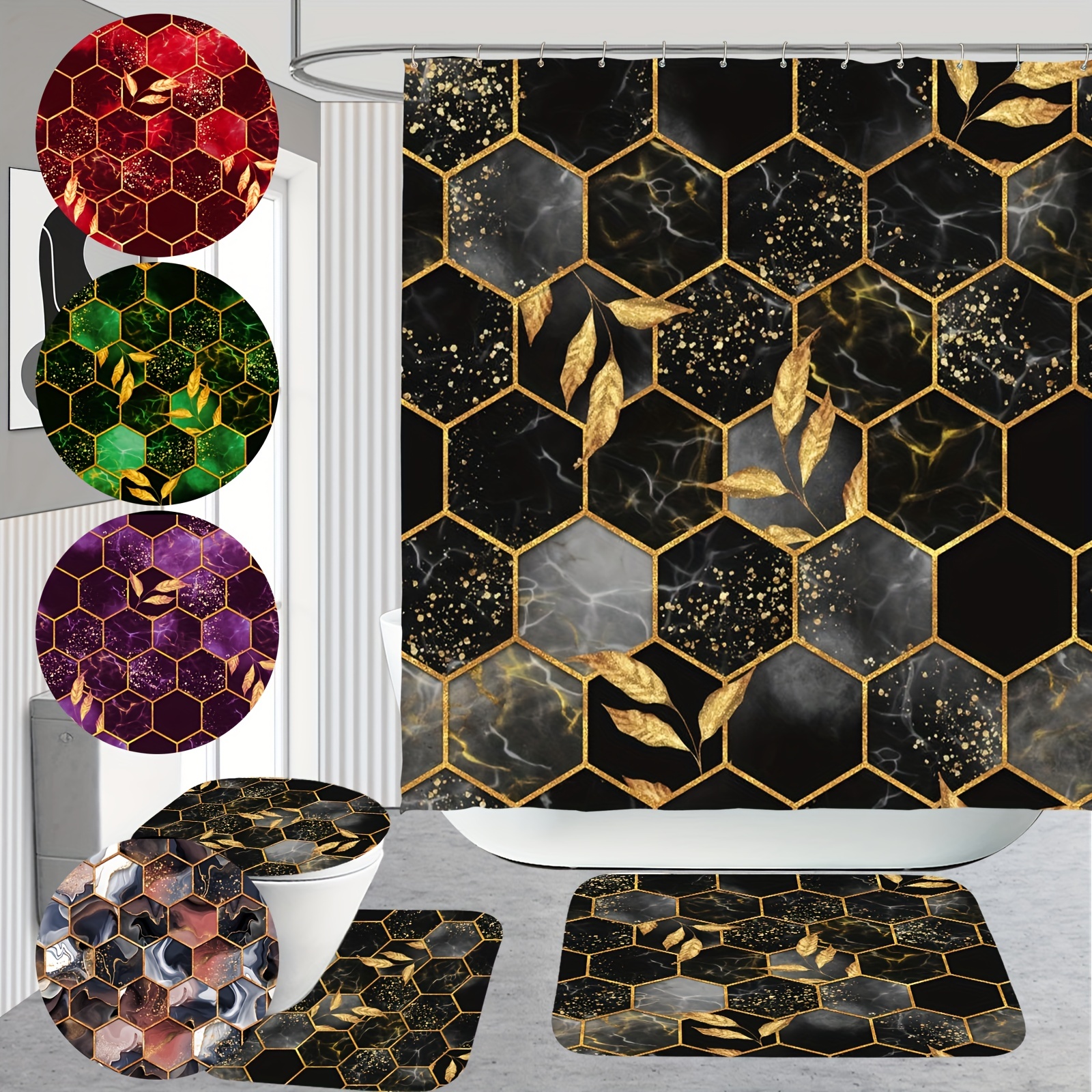 4Pcs Bathroom Shower Curtain Set, Peak Blue Honeycomb Marble Bathroom Sets With Rugs (Bath Mat, U Shape And Toilet Lid Cover Mat) And 12 Hooks