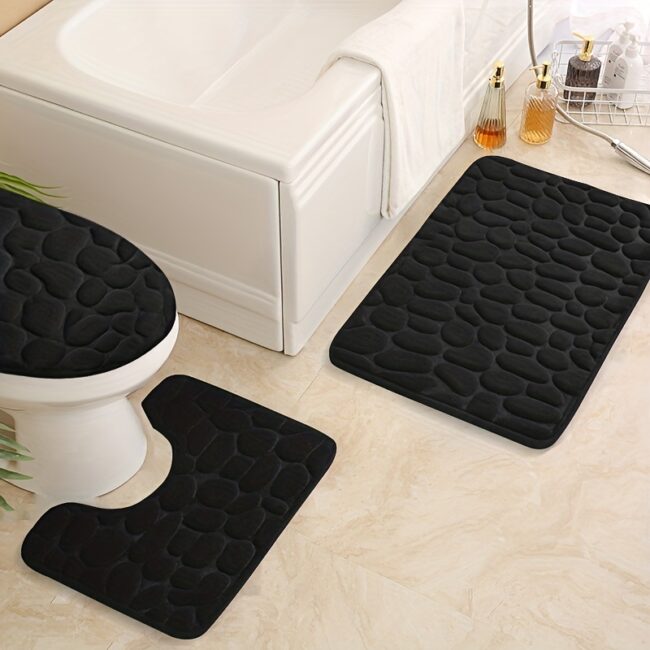 3pcs/set, Ultra Soft Memory Foam Bathroom Rugs Set, Non-Slip Cobblestone Embossed Bath Rug & Absorbent Bath Mat Carpets, U-Shaped Contour Rug, Perfect For Bathroom/Shower