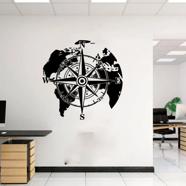 Modern World Map Compass Camper Wall Sticker Office Living Room Global Earth Travel Adventure Wall Decal Bedroom Nursery Vinyl