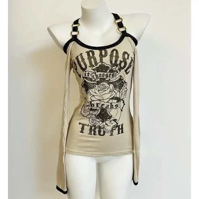 Y2k T-shirt Slim Harajuku Halter Chic Tops American Style Spicy Girl Printed Tops Long Sleeved Off Shoulder Backless Design