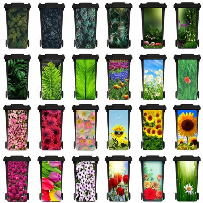 Plant Flowers Adhesive Removable Waterproof Sticker Decals Renew Rubbish Bin Trash Can Cover Sticker Ktichen Art 120L 240Liter