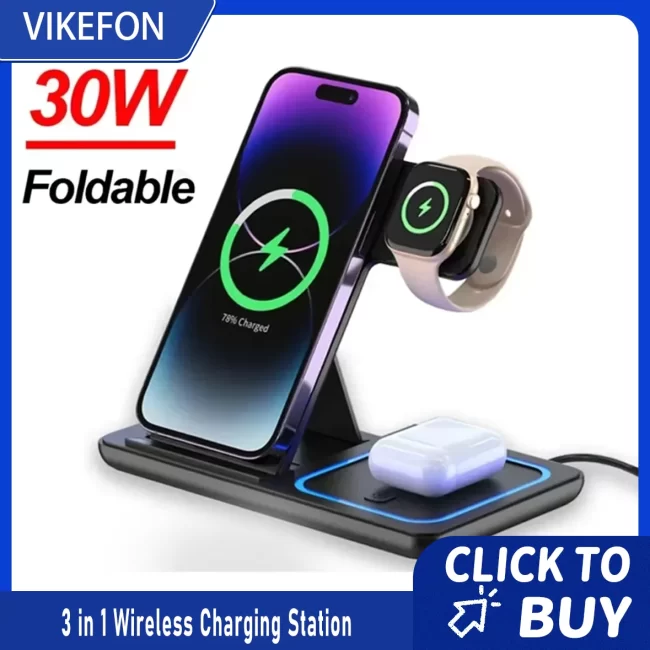3 In 1 30W Foldable Wireless Charging Station for iPhone 12-17 Pro Max iWatch Ultra Airpods Pro Fast Charger Stand Dock