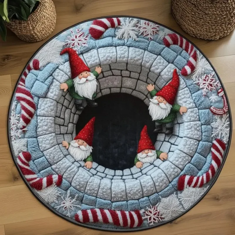 Round Christmas Gnome Rug with 3D-Effect Holiday Design - Image 3