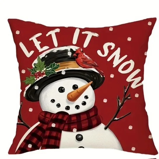 Red Christmas Cushion Cover with Snowman & Deer Print - Image 3