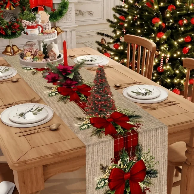 Vintage Christmas Table Runner with Red Bows & Pinecones