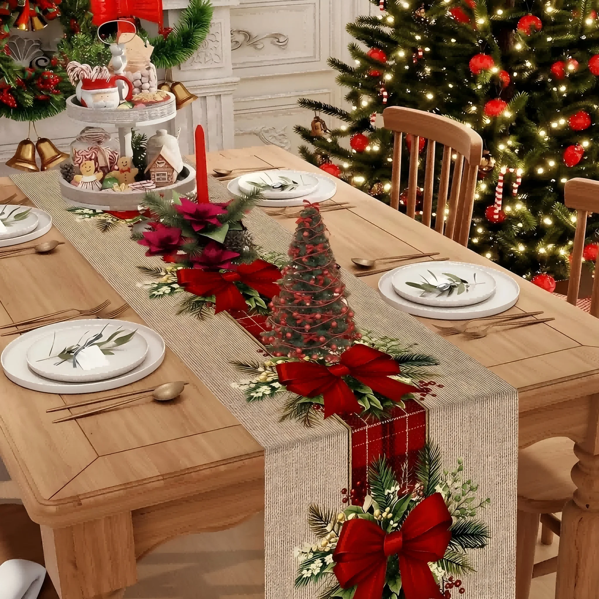 Vintage Christmas Table Runner with Red Bows & Pinecones