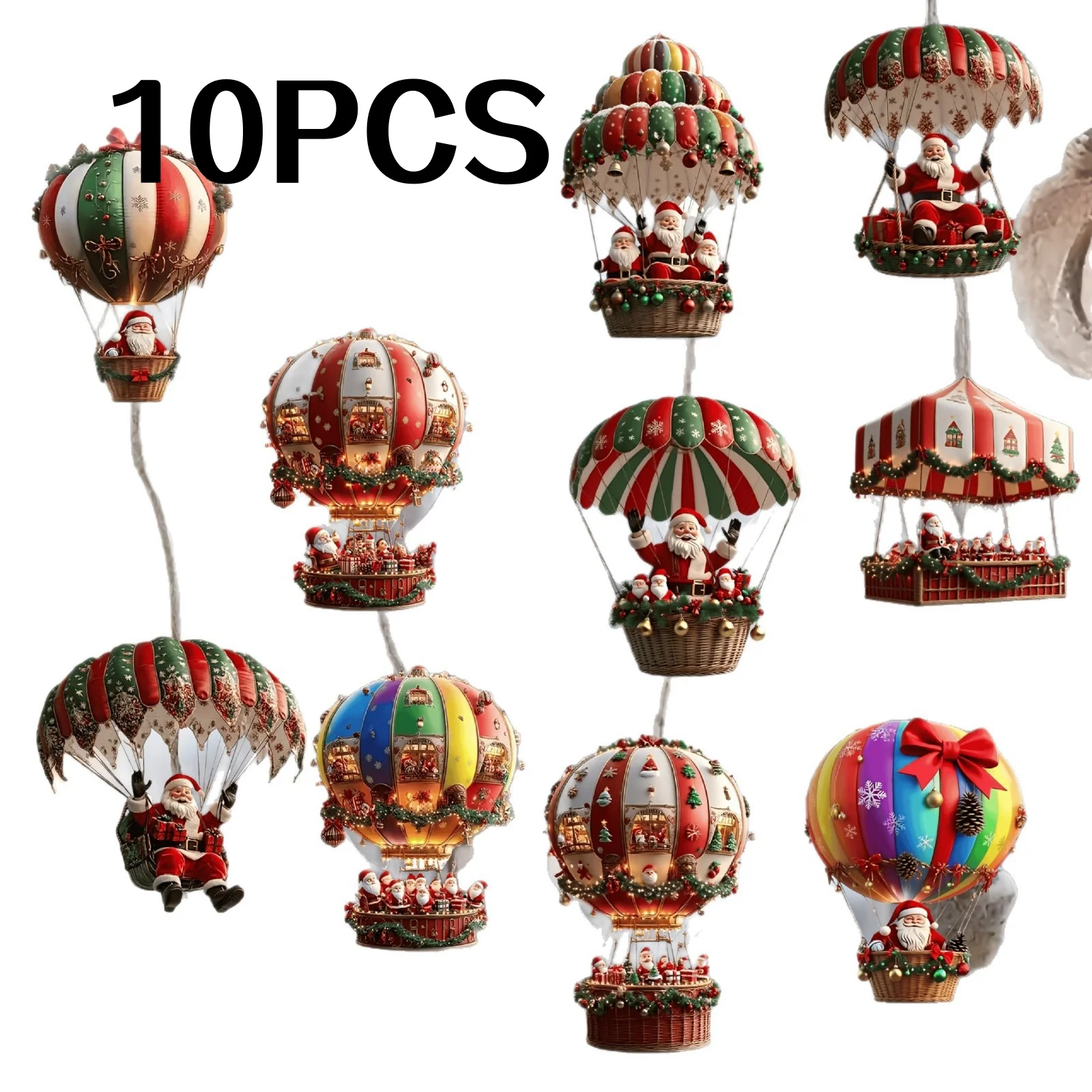 Santa Claus Parachute Wooden Ornaments, 10-Piece Set – Handmade Hanging Decor - Image 7