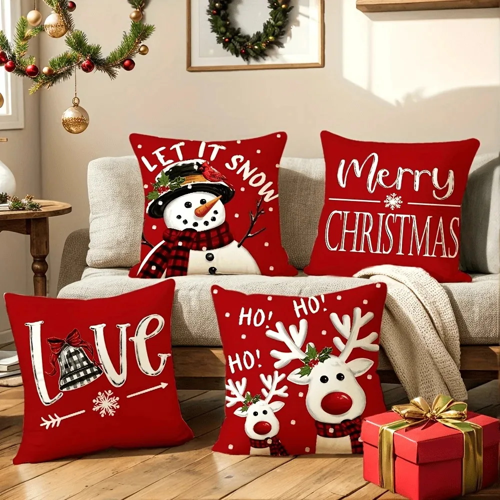 Red Christmas Cushion Cover with Snowman & Deer Print - Image 2