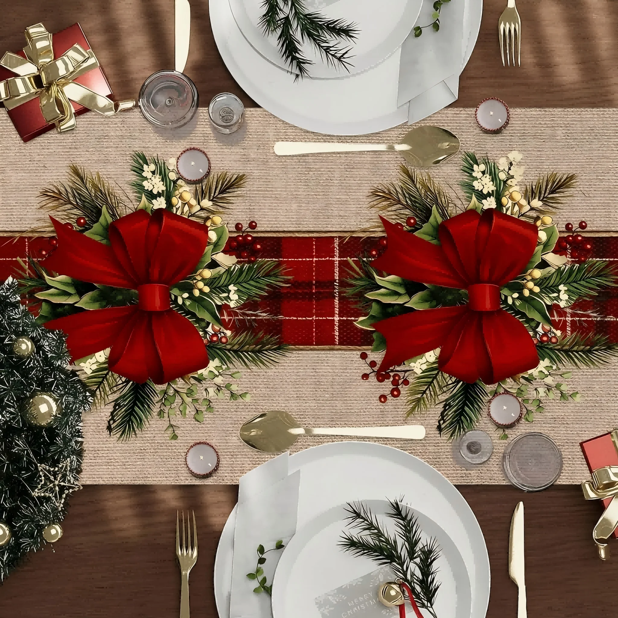 Vintage Christmas Table Runner with Red Bows & Pinecones - Image 2