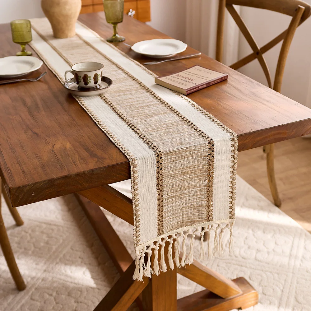 Striped Cotton Blend Table Runner with Tassels - Image 3