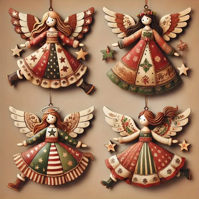 Vintage Wooden Angel Hanging Ornaments, 4-Piece Set – 3.1 in Tree Decor