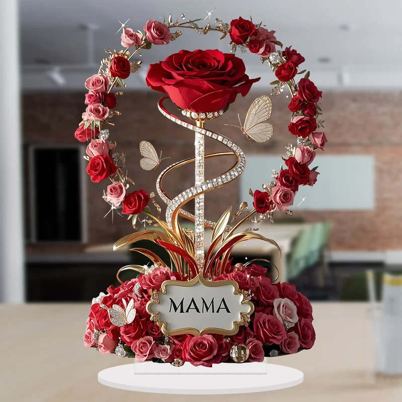2D Acrylic Ornament Red Rose MOM Pattern Roses Mother Flat Elegant Desk Decora Filial Child to Mother Gifts - Image 2
