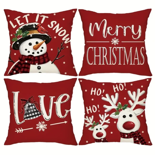 Red Christmas Cushion Cover with Snowman & Deer Print