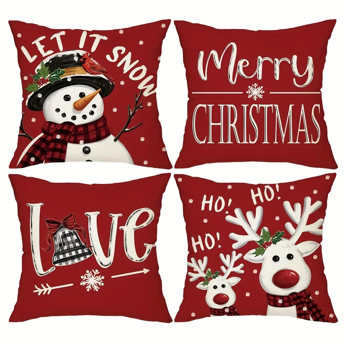 Red Christmas Cushion Cover with Snowman & Deer Print