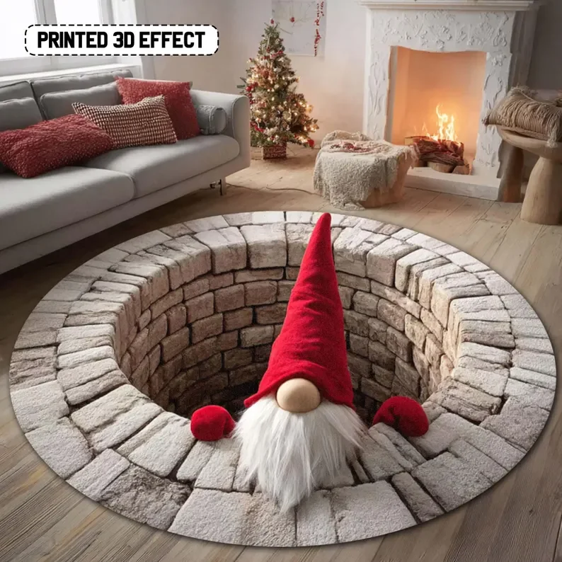 Round Christmas Gnome Rug with 3D-Effect Holiday Design - Image 9