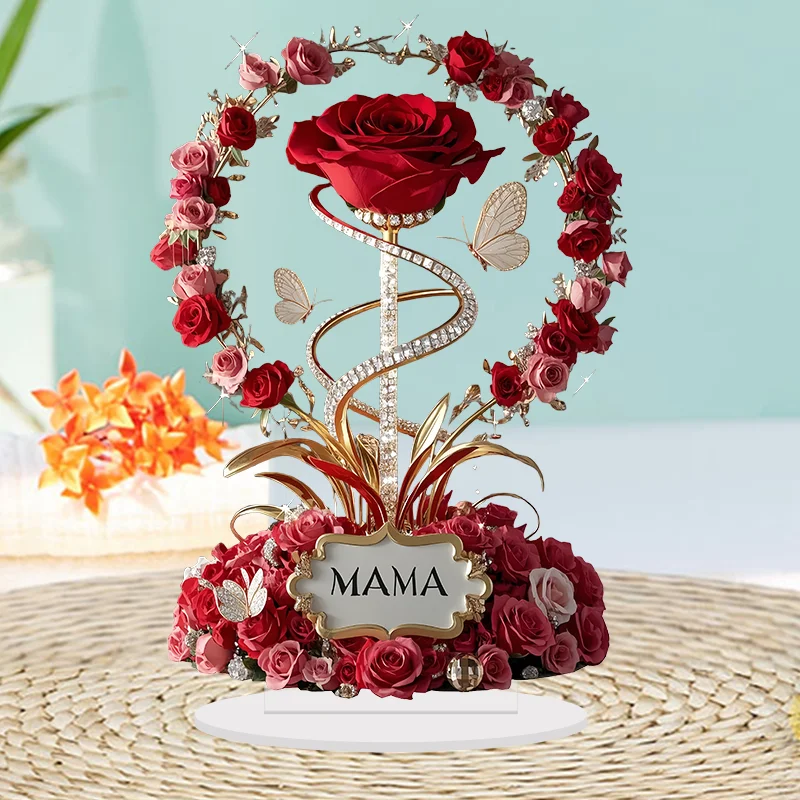 2D Acrylic Ornament Red Rose MOM Pattern Roses Mother Flat Elegant Desk Decora Filial Child to Mother Gifts - Image 3