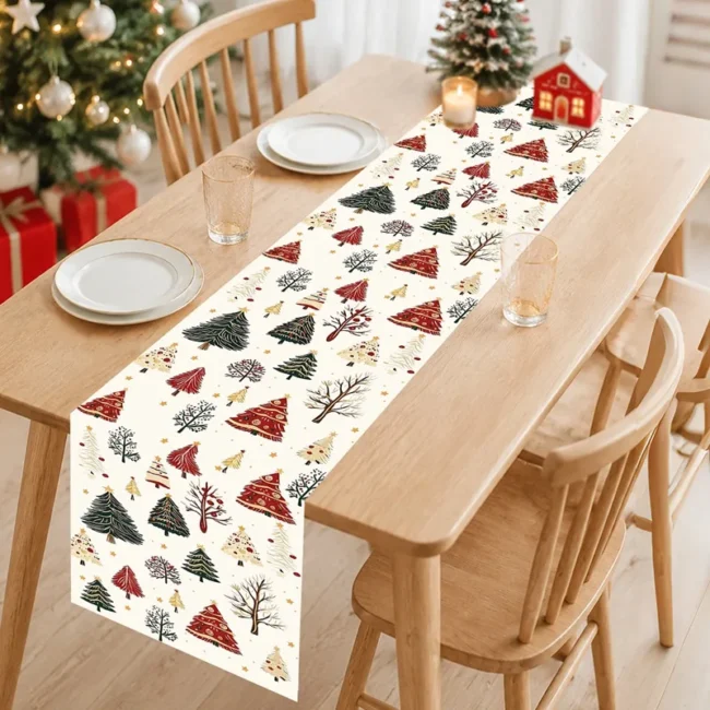 Watercolor Christmas Tree Table Runner in Polyester