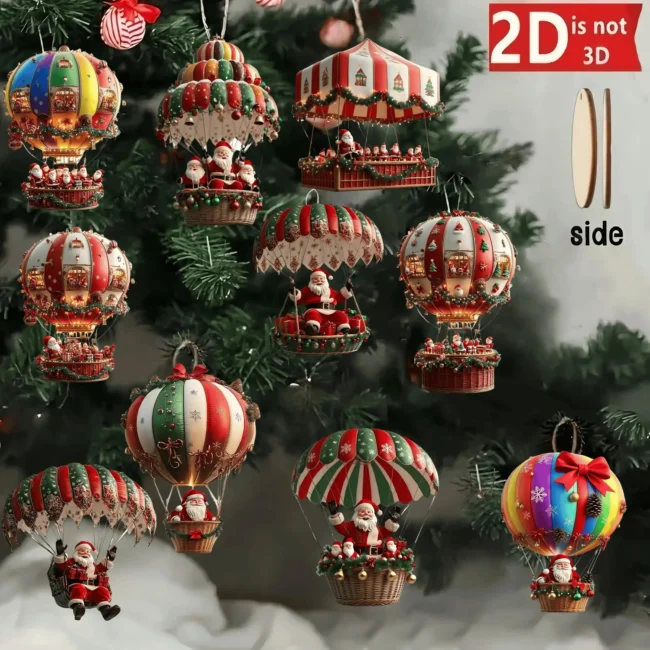 Santa Claus Parachute Wooden Ornaments, 10-Piece Set – Handmade Hanging Decor