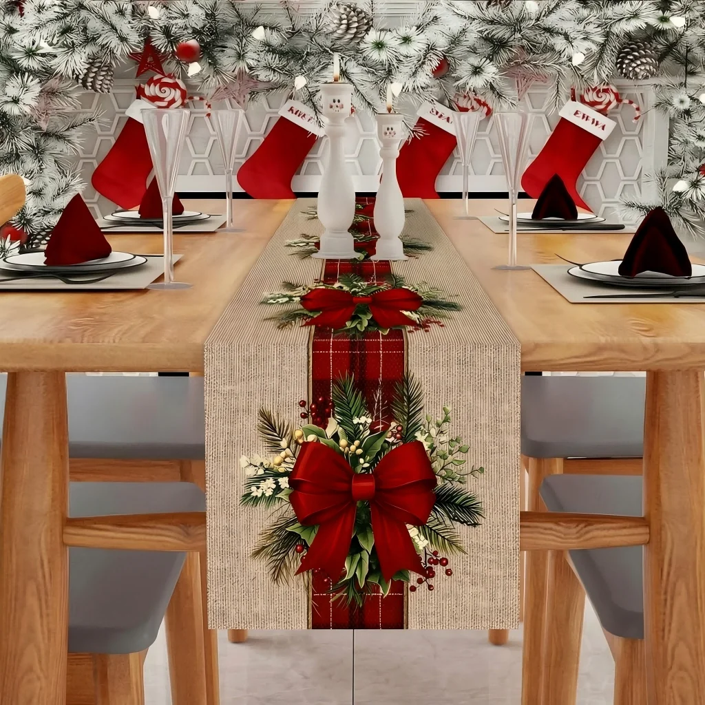 Vintage Christmas Table Runner with Red Bows & Pinecones - Image 4