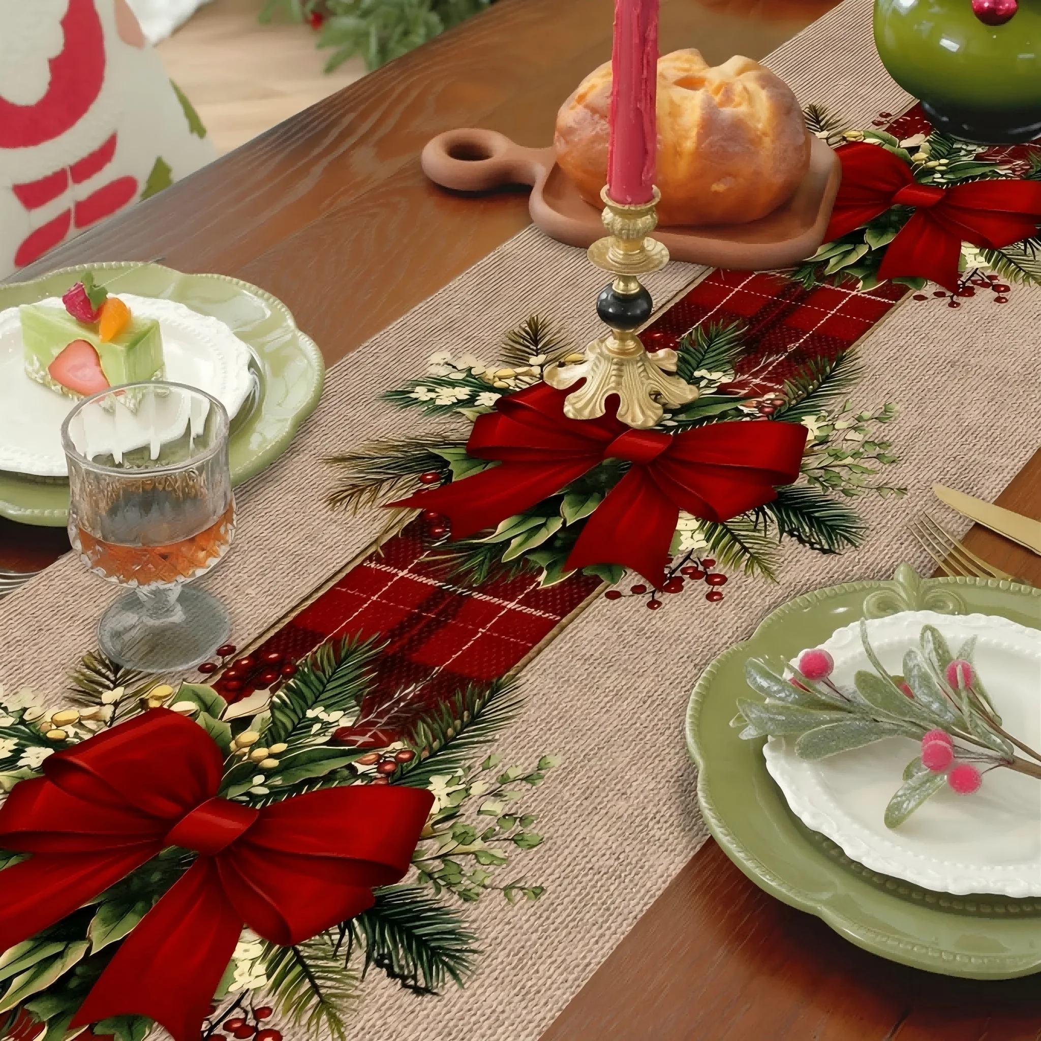 Vintage Christmas Table Runner with Red Bows & Pinecones - Image 3