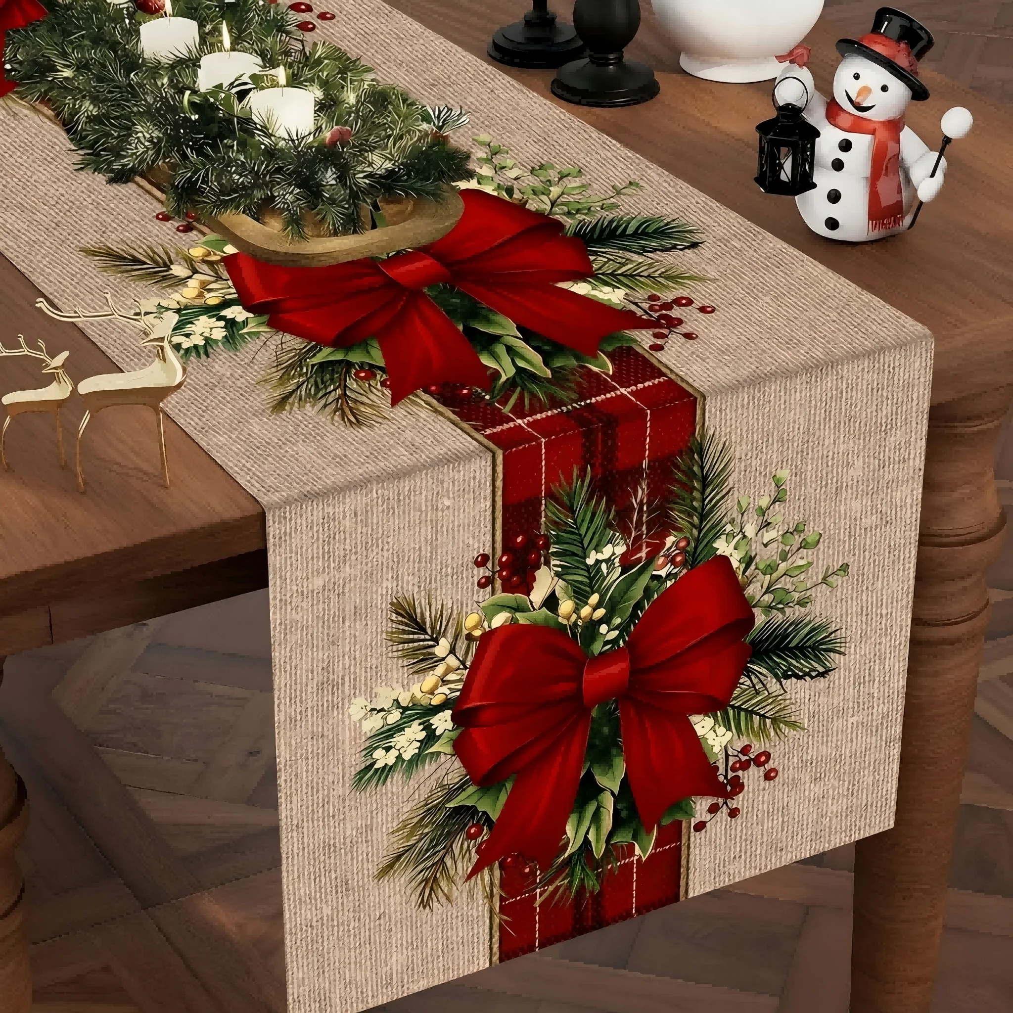 Vintage Christmas Table Runner with Red Bows & Pinecones - Image 5