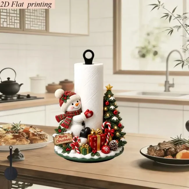Christmas Snowman & Tree Wooden Base Paper Towel Holder