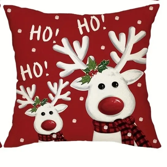Red Christmas Cushion Cover with Snowman & Deer Print - Image 6