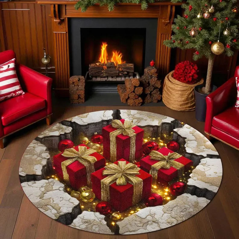Round Christmas Gnome Rug with 3D-Effect Holiday Design - Image 7
