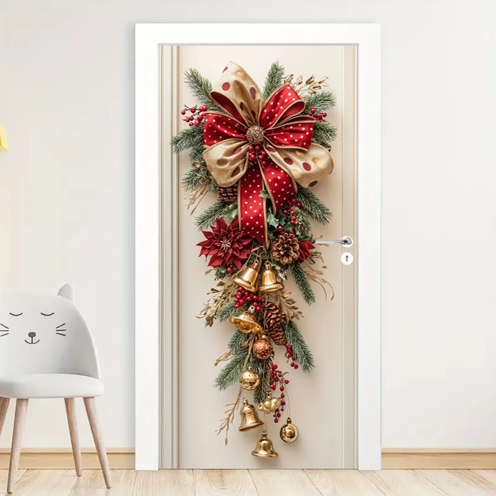 1 Christmas wall decoration - hanging decoration with red bells and green leaves - holiday room decoration, holiday design - Image 3