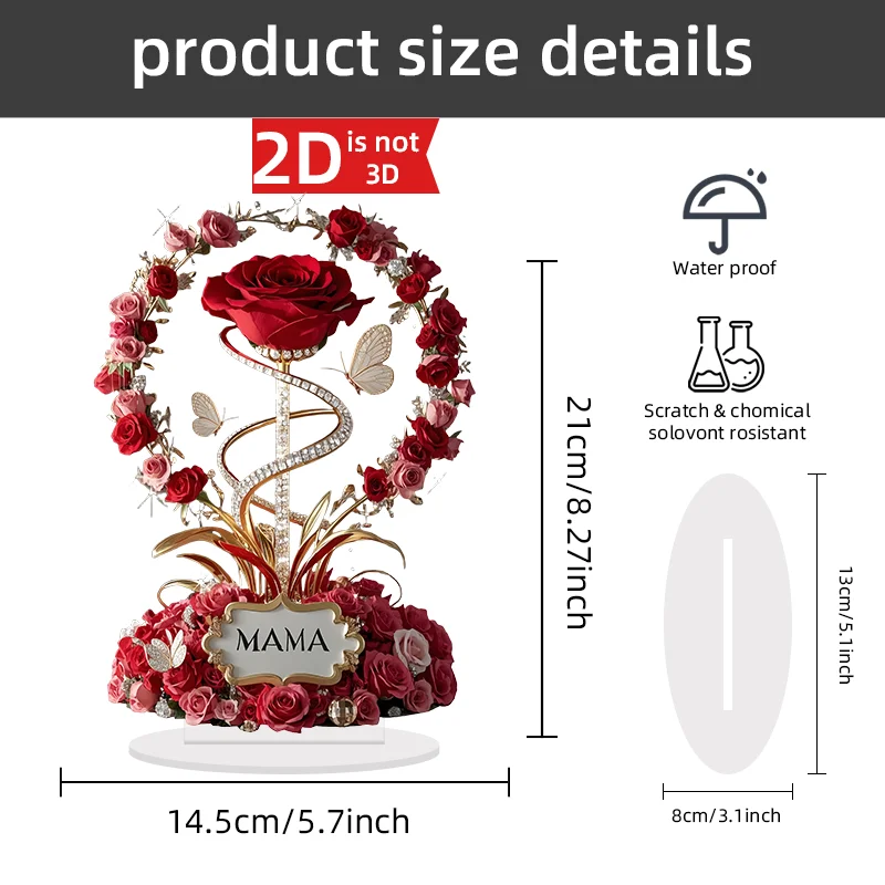 2D Acrylic Ornament Red Rose MOM Pattern Roses Mother Flat Elegant Desk Decora Filial Child to Mother Gifts - Image 4