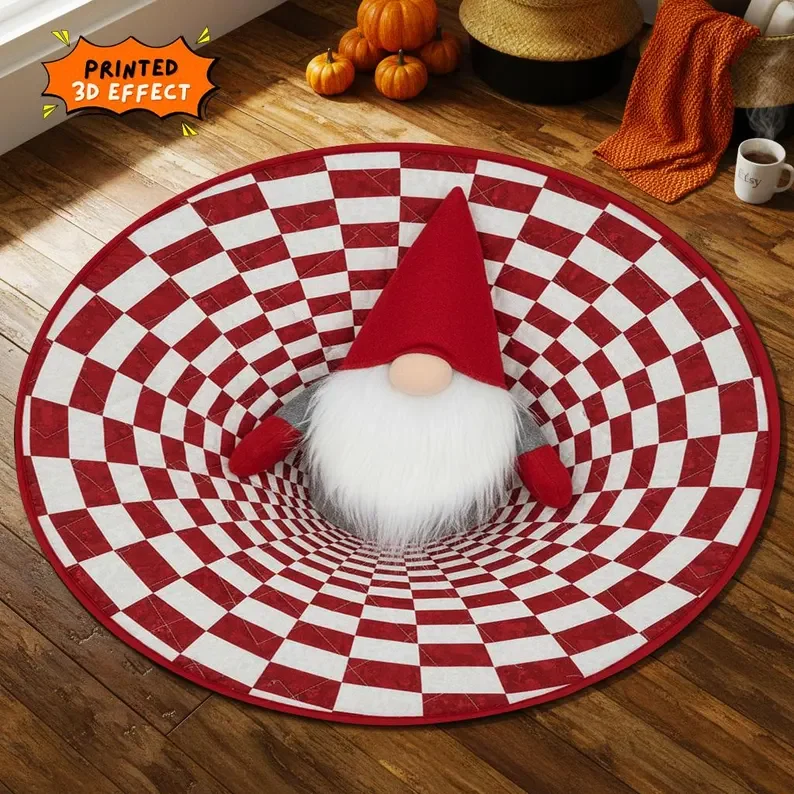 Round Christmas Gnome Rug with 3D-Effect Holiday Design - Image 8