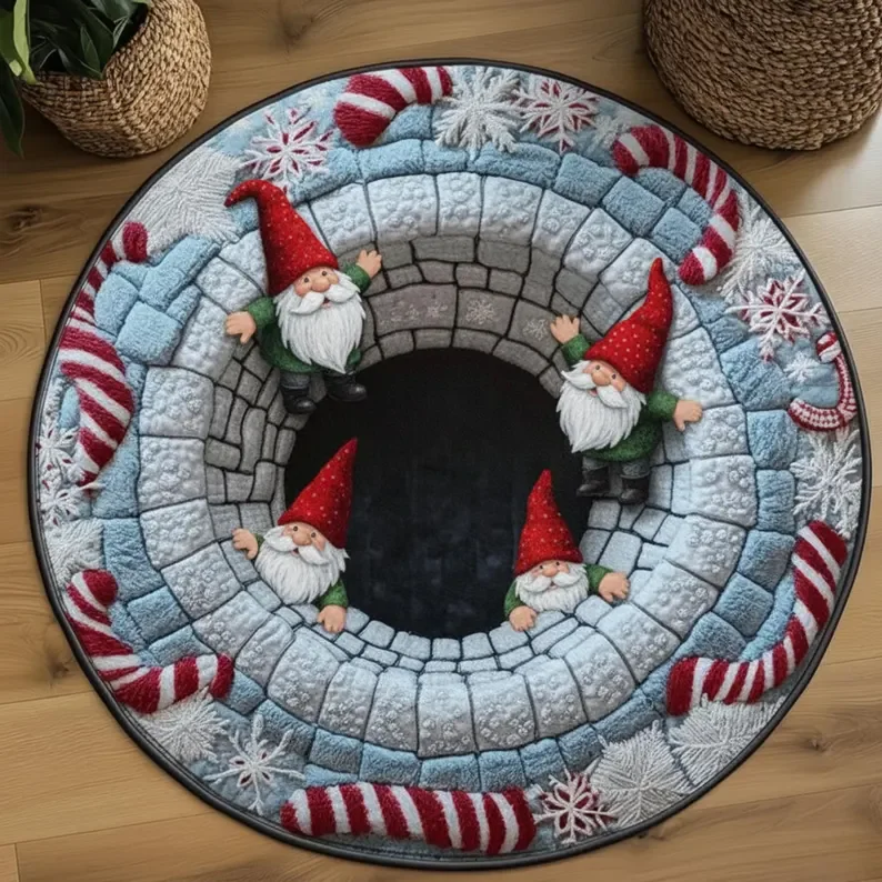 Round Christmas Gnome Rug with 3D-Effect Holiday Design - Image 12