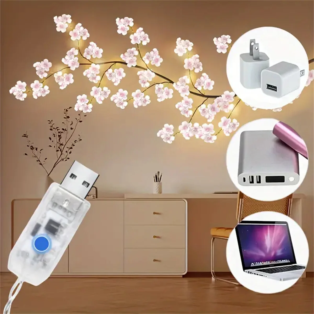 Cherry Blossom 96 Led USB Tree Branch Rattan Lights 8 Modes Colorful String Lamp Valentine Christmas Wedding Bedroom Decoration - Image 5